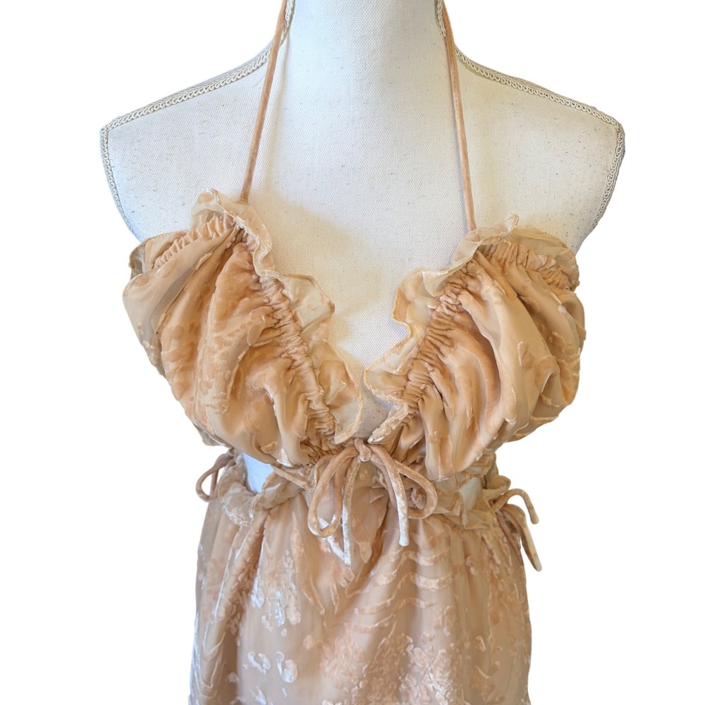 NWT SABO LUXE Peach Velvet Halter Cut Out Mini Dress Large Coquette Euro Summer - Picture 2 of 12